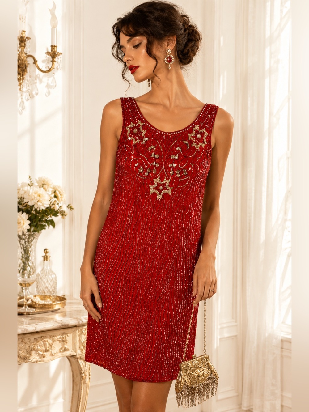 NWOT 1980’s Vintage Scala Art Deco Red Beaded Sequin 100% Silk Shift Dress Sz PM